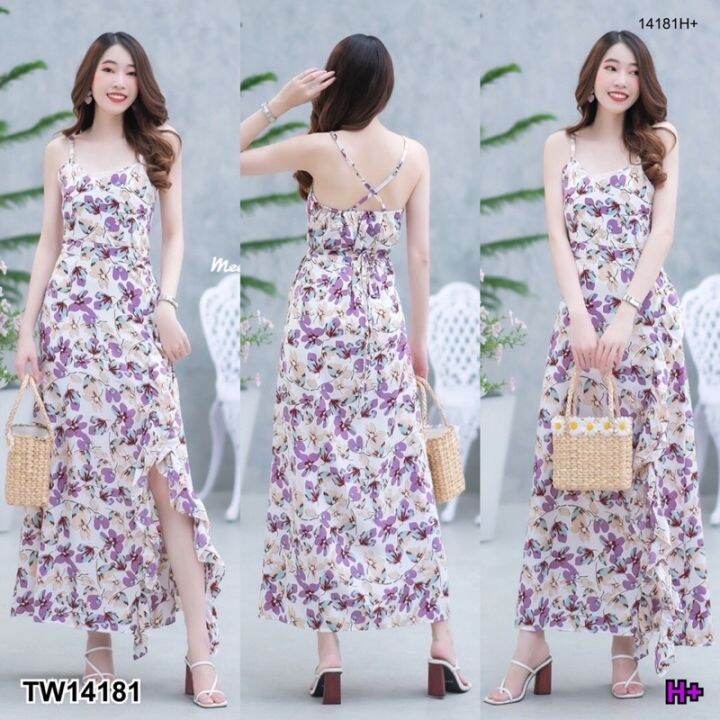 maxi-dress-สายเดี่ยวลายดอกไม้เกร๋ๆ-ดีเทลมีสายไขว้ด้านหลัง-แต่งผ้าระบายและผ่าด้านหน้า-มีซัปใน