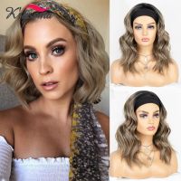 Ash Blonde Headband Wig Ombre Blonde Short Wavy Synthetic Wigs for Black Women Full Machine Made Daily Use Bob hair band wig