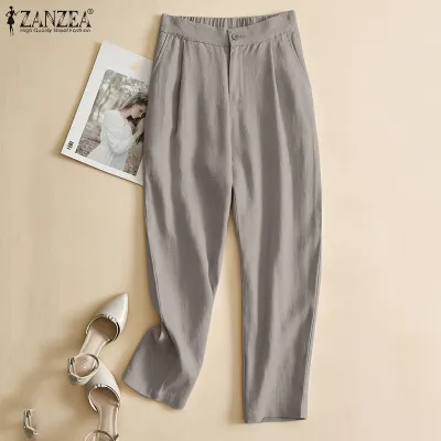 ZANZEA กางเกงขายาวผู้หญิงจีบลำลองผ้าฝ้ายวินเทจ,กางเกงทำงานไซส์ใหญ่ #2