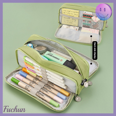 Fuchun อุปกรณ์กระเป๋าเก็บของกระเป๋าดินสอผ้าใบสองด้านกล่องดินสอความจุมาก