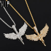 Hip Hop Iced Out Bling Cubic Zirconia Angel Wings Necklaces &amp; Pendants For Men Women Rapper Jewelry With Solid Back