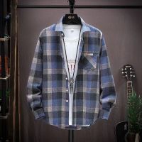 【Ready】? New plaid shirt mens long-sleeved youth autumn casual loose Korean style shirt student handsome all-match coat