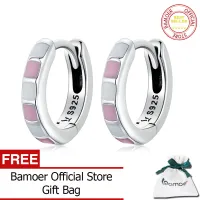 BAMOER 925 Sterling Silver Simple Check Fashion Ear Buckles for Women Light Pink & White Color Hoop Earrings Fine Jewelry Gift SCE1372