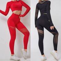 【Hot Sale】embellishembellish2ชิ้น WomenSet FitnessHollow OutBra แขนยาวพืชยอดนิยมที่ไร้รอยต่อ Leggings กีฬายิมชุดเสื้อผ้าออกกำลังกาย