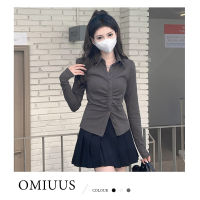 [OMIUUS] Women Gray Waist Slim Long-sleeved Front Shoulder Top Jk Shirt