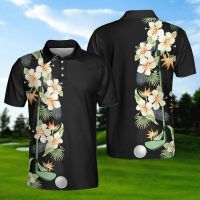 Floral Golf Club And Ball 3d All Over Printed Polo Shirt For Golf Lovers 3 Button Fabric Polo Shirt 6XL