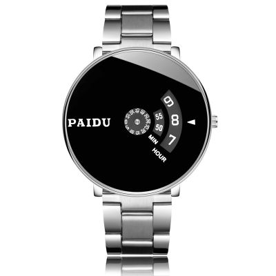 Paidu นาฬิกาสปอร์ตสำหรับผู้ชาย,นาฬิกาสายสายสแตนเลสมีเอกลักษณ์นาฬิกาควอตซ์ชายไม่มีตัวชี้จานหมุน