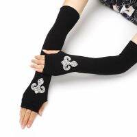 Female Black half finger Long Knitted Warm Driving Mittens Female Cute Fox Sailor Elasticity Dance Rhinestone Punk Gloves H37