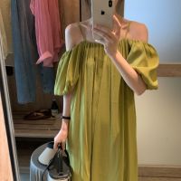 กระโปรงชายหาดสำหรับสุภาพสตรี Green French Beach Dress Fat Cover Meat Suspender One Shoulder Dress Women Summer Loose Strapless White Long Skirt