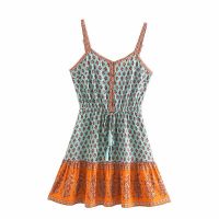 Bohemian Open Button V neck Floral print BOHO Dress Summer Holiday Woman Tassel Lacing up Waist Dresses Beach Sling Vestido