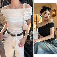 whitejuly?เสื้อยืดปิดไหล่ผู้หญิงแขนสั้นหวานบางท็อปส์แฟชั่นสไตล์เกาหลีสง่างามเก๋ท็อปส์ซู