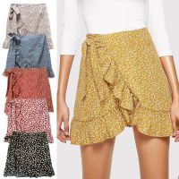 COD DSFERTGERRYYY Women Mini Skirts Floral Skirts Chiffon High Waist Lace-up with Ruffled Wrap Skirt Summer Clothes