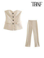 TRAF ashion Front Buttons Bustier Waistcoat And High Waist Zipper Fly Split Hems Trousers Female Two Piece Sets Mujer