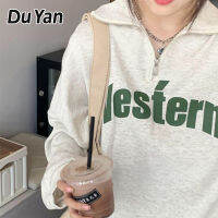 Du Yan เสื้อสเวตเตอร์มีซิปสำหรับผู้หญิง,เสื้อสเวตเตอร์สีเทาอ่อนเสื้อสวมศีรษะมีปกทรงหลวมพิมพ์ลายเสื้อโปโลสำหรับฤดูใบไม้ผลิและฤดูใบไม้ร่วง2023