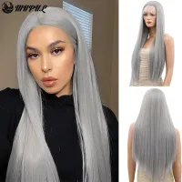 Straight Lace Front Wig Synthetic Natural Hair Silver Gray Cosplay 26 Inch Heat Resistant HD Lace Frontal Wigs For Black Women Wig  Hair Extensions Pa