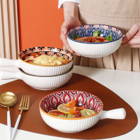 Ceramic Single Handle Noodle Soup Bowl Retro Dinner Bakeware Fruit Salad Plates Dessert Dishes Kitchen Tableware Home Decoration