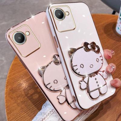 Folding Makeup Mirror Phone Case For OPPO Realme C30 C30S Realme Narzo 50i Prime  Case Fashion Cartoon Cute Cat Multifunctional Bracket Plating TPU Soft Cover Casing