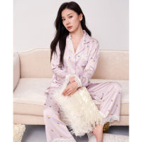 Women Silk Satin Long-sleeved Pajamas Suit Flower High-grade Ice Silk Sleepwear Can Be Worn Outside Home Wear Pyjamas Femme