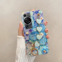 เคสมือถือสำหรับ Huawei P60 Pro ฝาหลังอ่อนนุ่มแฟชั่นบลูสีน้ำมันภาพวาดดอกไม้ + สร้อยข้อมือความรักป้องกันสำหรับ Huawei P60โทรศัพท์