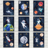 Space-Themed Nursery Wall Art-ภาพวาดและภาพพิมพ์ผ้าใบนอร์ดิก-นักบินอวกาศ,ดาวเคราะห์,จรวด,ดวงจันทร์-เหมาะสำหรับตกแต่งห้องเด็กทารกและเด็ก