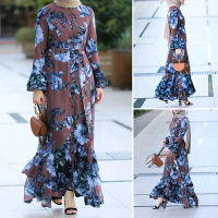 ZANZEA Women Long Sleeved Belted Printed Fishtail Hem Muslim Long Dress