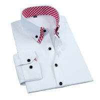 ใหม่ผู้ชายแฟชั่นเสื้อแขนยาว Slim Fit ธุรกิจเสื้อลำลองทีม Patch Work Plaid Collar Cuff สีทึบ40 Cotton