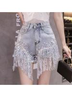 【hot】 2023 Womens Fashion Trend Rhinestone Beaded Raw Fringed Hem Denim Shorts