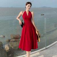 French style restoring ancient ways sleeveless meat neck seaside holiday dress cover closed show thin waist temperament XiaoJian red beach dress