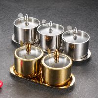 hotx【DT】 304 Seasoning Pot Spice Canister Set with Transparent Glass Lid Jars Organization