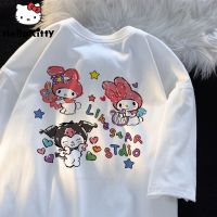 HOT★Sanrio Melody เสื้อยืดพิมพ์ลายการ์ตูน Kuromi, เสื้อยืดผ้าฝ้ายโอเวอร์ไซส์เสื้อลำลองแขนสั้นเกาหลีเสื้อคอกลมฤดูร้อน