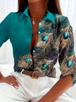 xixibeauty Peacock Feather Print Shirt, Long Sleeve Button Up Casual Top For Fall &amp; Spring, Womens Clothing