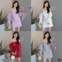 MM13328 TW13328 เดรสเกาะอกแขนยาวสีพื้น