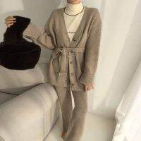 ONALIPPA Knitted Set Female Korea Temperament V-Neck Single-Breasted Lace-Up Long-Sleeve Jacket High-Waist Mopping Wide-Leg Pant