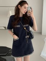 【YF】 Women Dresses Korean Chic Summer Simple Round Neck Contrast Color Trim Pocket Design Loose Short-sleeved Tweed Dress