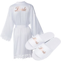 Women Satin Lace Robe Bride Robe Bridesmaid Robes Bridal Wedding Robe Sleepwear Bathrobe Dressing Gown White Robes &amp; Slipper