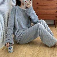 Flannel Pajamas Set Women Winter Warm Single Breasted Pyjamas Long Sleeve Trousers O-Neck Collar Sweet Elegant Thicker Pijama