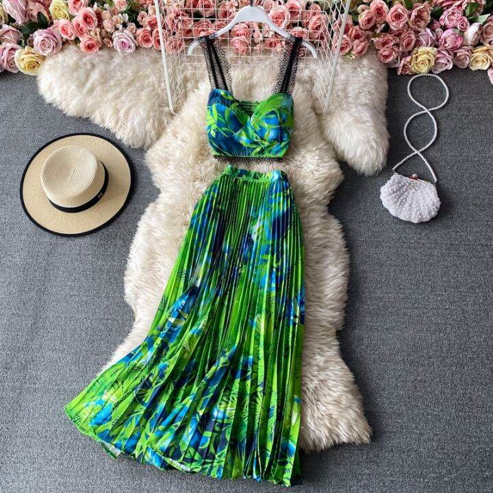 bohemian-vacation-beach-2pcs-set-women-floral-printed-short-strapless-tops-and-high-waist-pleated-long-skirt-suit-spring-summer-full-skirt