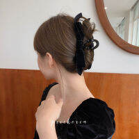 【cw】 Korean Internet Celebrity French Chic Elegant Velvet Bow Ribbon Grip Back Head Shark Clip Hairpin ！