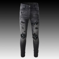 【CW】Streetwear Fashion Men Jeans R Black Gray Elastic Destroyed Slim Ripped Jeans Men nd Patch Designer Hip Hop Pants Hombre