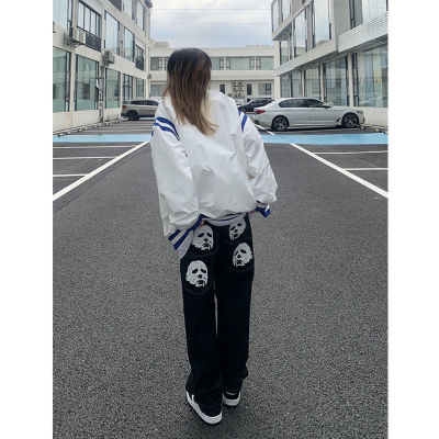 Emo Men Black Streetwear Hip Hop Skull Gothic Straight Wide Leg Cargo Pants Y2K Alt Harajuku Baggy Low Rise Jeans ClothesTH