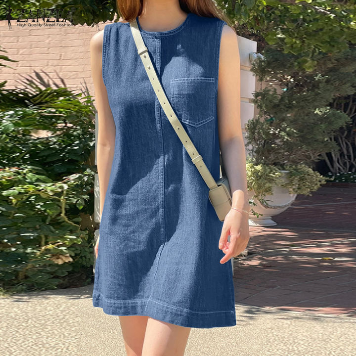 สินค้ามาใหม่-จัดส่งฟรี-ชุดเดรสแขนกุดกระเป๋าด้านหน้าอเนกประสงค์ชุดฤดูร้อนผ้ายีนส์สไตล์เกาหลีของผู้หญิง-fancystyle-zanzea-10