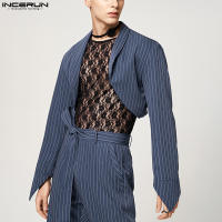 INCERUN เสื้อแขนยาว Parka Striped Blazer Crop Tops Fit Party เสื้อแจ็คเก็ตคลับ (สไตล์ตะวันตก)