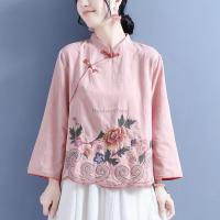 2023 autumn new cotton linen top womens long sleeve embroidery stand collar disc buckle chinese style elegant cheongsam blouse Haberdashery