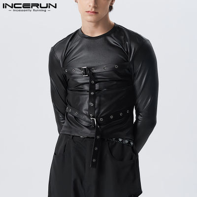 INCERUN เสื้อพอดีตัวแนวพังก์ของผู้ชายเสื้อยืดหนังสังเคราะห์แขนยาวเสื้อยืดชุดเดรสปาร์ตี้ที (สไตล์ตะวันตก)