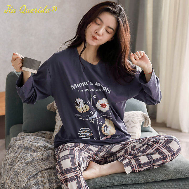 woman-pijama-set-100-cotton-loose-style-pullover-leisure-homesuit-cotton-loungewear-oversized-sleepwear-avocado-printing-pajama