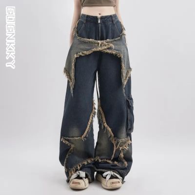 【CC】✤♈  Streetwear Star Jeans Grunge Distressed Patchwork Oversized Wide Leg Denim Pants Female Trousers