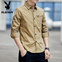 PLAYBOYเสื้อเชิ้ตแขนยาวผู้ชาย,เสื้อผู้ชายใส่ได้ทุกโอกาสเสื้อเชิ้ตผ้าฝ้ายเข้ารูปฤดูใบไม้ร่วง