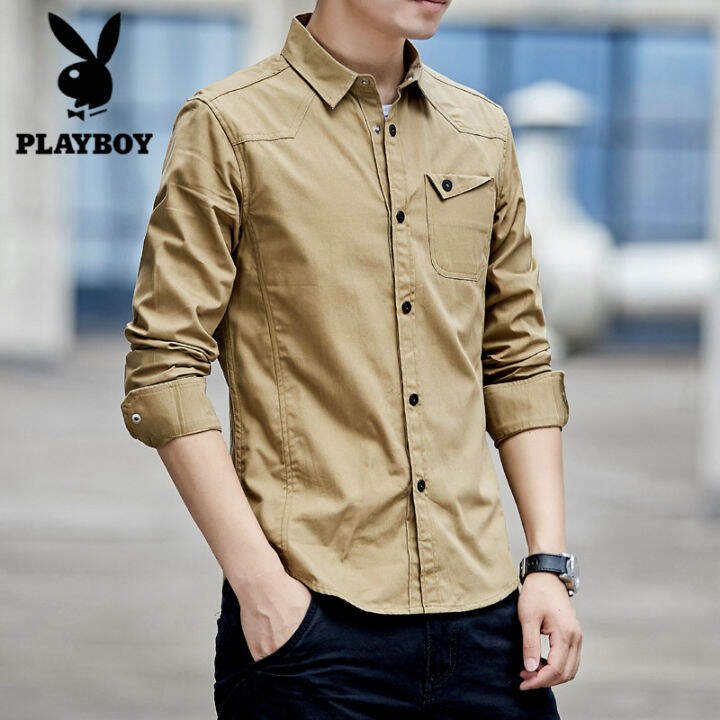 playboy-ฤดูใบไม้ร่วงเสื้อสไตล์ใหม่ผู้ชายแขนยาวผ้าฝ้ายบางพอดีกองทัพทั้งหมดจับคู่เสื้อผู้ชาย