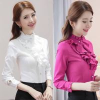 Womens Cotton Blouses Ruffled Stand Collar Spring Autumn Korean Solid Ladies Tops Casual Plus Size Long Sleeve Female Shirt