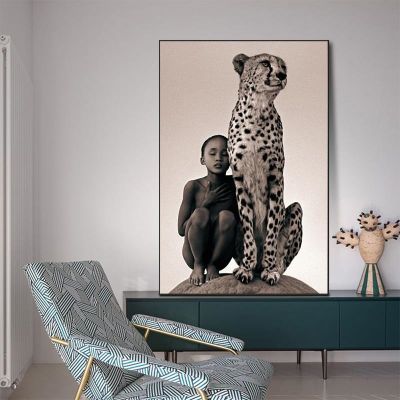 Boy และ Cheetah ภาพวาดผ้าใบป่าสัตว์แอฟริกันโปสเตอร์และพิมพ์ภาพผนังศิลปะสำหรับห้องนั่งเล่นตกแต่งบ้าน Cuadros